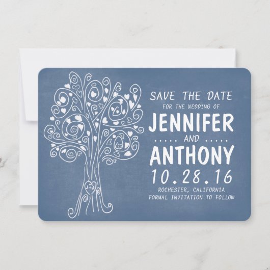 Blue Love Hearts Tree Rustic Save the Date kaarten (Voorkant)