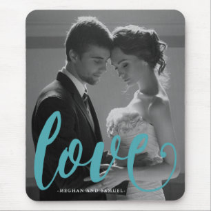 Blue Love Typography Foto en naam Mousepad Muismat