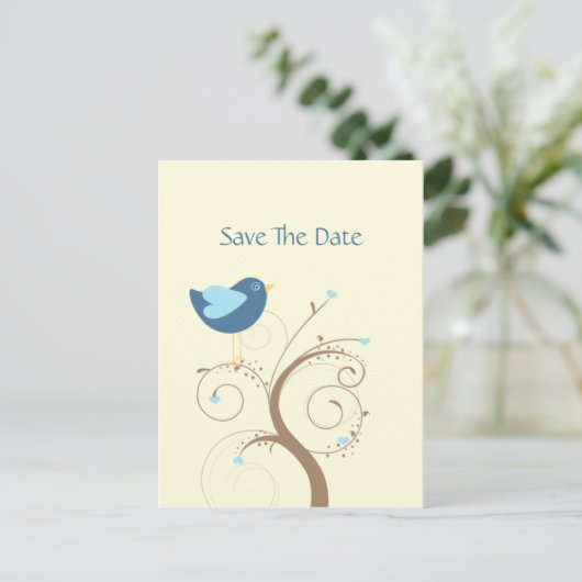 Blue Lovebird en Hearts redden de datum Aankondigingskaart (Staand voorkant)
