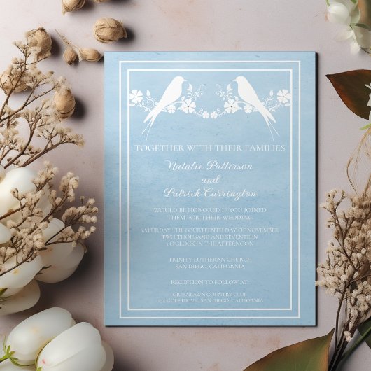 Blue Lovebird Floral Faire-part de mariage