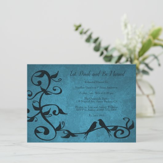 Blue Lovebird Rehearsal Dinner Invite Kaart (Staand voorkant)