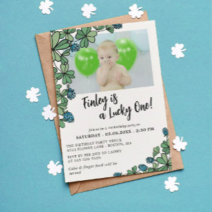 Blue Lucky One Four Leaf Clover 1st Birthday Party Kaart