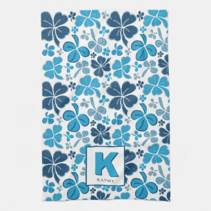 Blue Lucky Shamrock Clover Pattern Monogrammed Theedoek