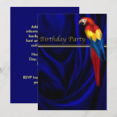 Blue Macaw Parrot Satin Verjaardagsfeest Sjabloon Kaart (Voorkant / Achterkant)