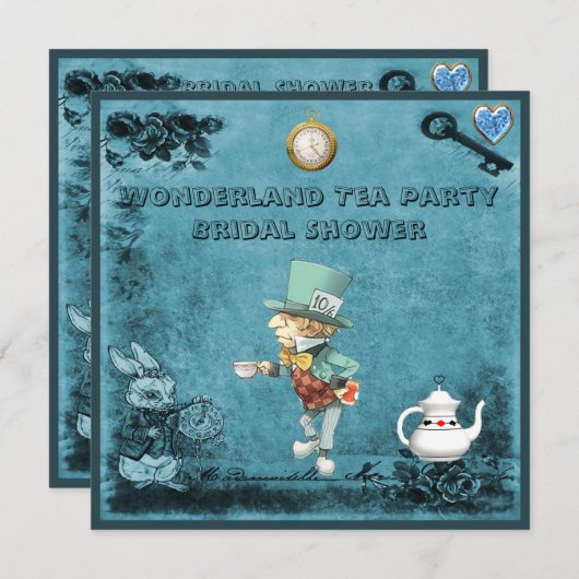 Blue Mad Hatter Wonderland Tea Party Vrijgezellenf Kaart (Voorkant / Achterkant)