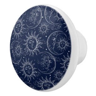Blue Magic Vintage Hemel Zon Maan Sterren Keramische Knop