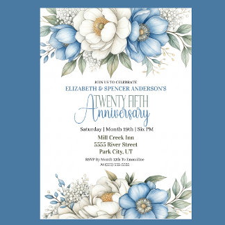 Blue Magnolia and Peony 25th Wedding Anniversary Kaart