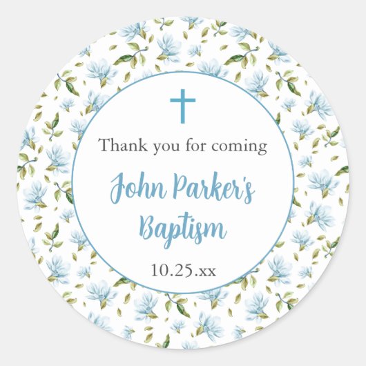 Blue Magnolias boy baptism thank you sticker (Devant)