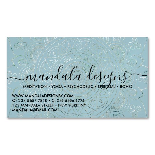 Blue Mandala Floral Script Magnetisch Visitekaartje (Voorkant)
