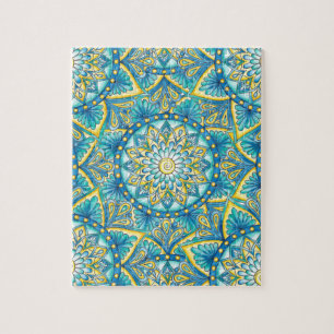 Blue Mandala Yellow Turquoise Pattern Legpuzzel