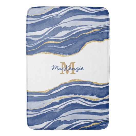 Blue Marble Agate Gold Glitter Monogram Badmat (Voorkant Verticaal)