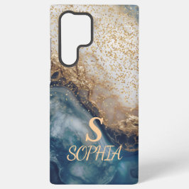 blue marble chic gold glitter monogram samsung galaxy hoesje