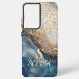 blue marble chic gold glitter monogram samsung galaxy hoesje
