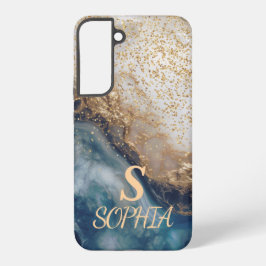 blue marble chic gold glitter monogram samsung galaxy hoesje