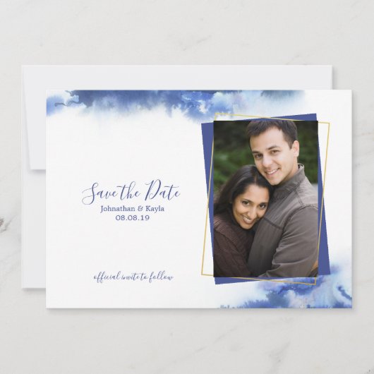 Blue Marble Ombre Gold Lijst Save the Date Aankondiging (Voorkant)