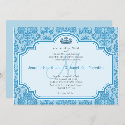Blue Mariage damassé Invitations Monogramme M (Devant / Derrière)