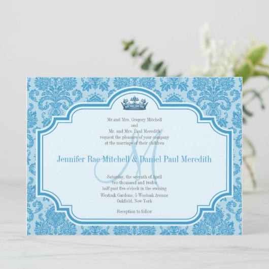 Blue Mariage damassé Invitations Monogramme M (Debout devant)