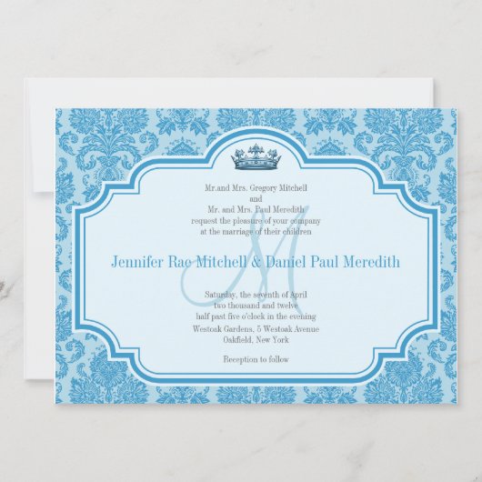 Blue Mariage damassé Invitations Monogramme M (Devant)