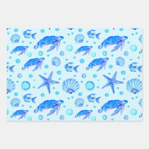 Blue Marine Life - Turtles, Fish and Seashells Inpakpapier Vel