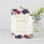 Blue Maroon Floral Brunch Bruids Douche Uitnodigin Kaart (Staand voorkant)