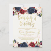 Blue Maroon Floral Brunch Bruids Douche Uitnodigin Kaart (Voorkant)