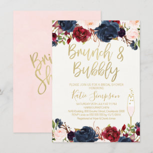 Blue Maroon Floral Brunch Bruids Douche Uitnodigin Kaart