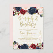 Blue Maroon Floral Brunch Invitation de la douche  (Devant / Derrière)