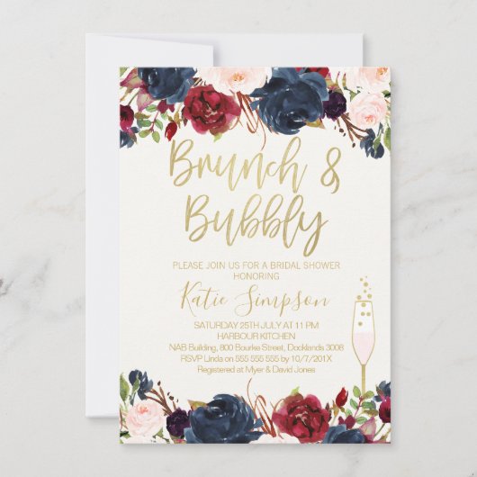 Blue Maroon Floral Brunch Invitation de la douche  (Devant)