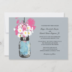 Blue Mason Jar Daisies en Wildflowers Wedding Kaart