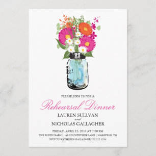 Blue Mason Jar en Gerber Daisies Rehearsal Dinner Kaart
