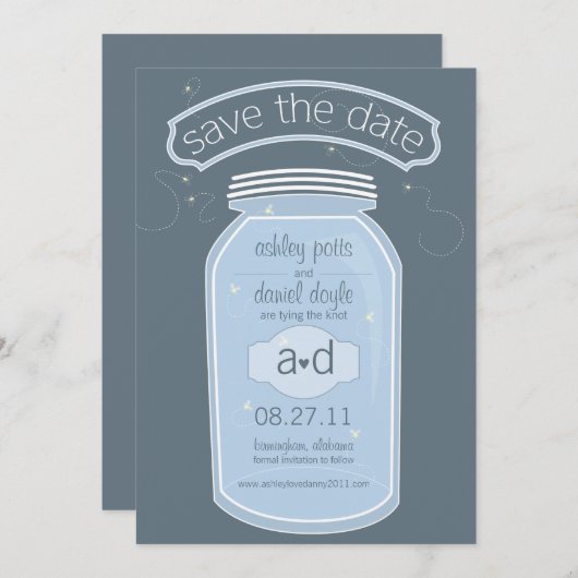 Blue Mason Jar & Fireflies Save the Date (Voorkant / Achterkant)