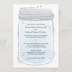 Blue Mason Jar & Fireflies Wedding Kaart
