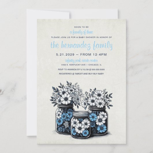 Blue Mason Jar Flowers Baby shower Kaart (Voorkant)