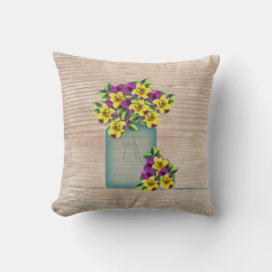 Blue Mason Jar Pansies Pillow Kussen