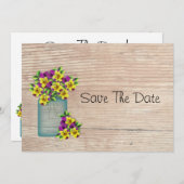 Blue Mason Jar Pansies Save the Date (Voorkant / Achterkant)