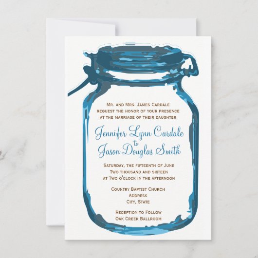 Blue Mason Jar Pays Mariage rustique Invitations (Devant)