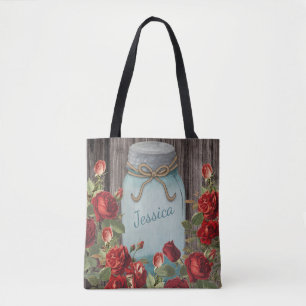Blue Mason Jar Rustic Floral Name Tote Bag