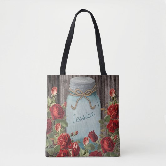  Blue Mason Jar Rustic Floral Name Tote Bag (Voorkant)