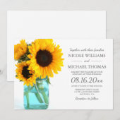 Blue Mason Jar Sunflower Wedding Invitting Kaart (Voorkant / Achterkant)