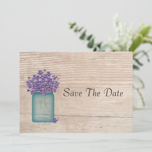Blue Mason Jar Violets Save the Date (Staand voorkant)