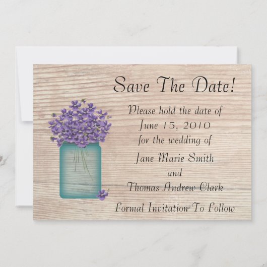 Blue Mason Jar Violets Save the Date (Achterkant)