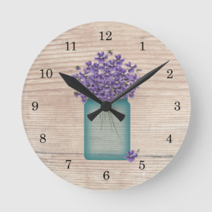 Blue Mason Jar Violets Wall klok