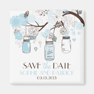 Blue Mason Jars & Flowers Save the Date Magnet Magneet