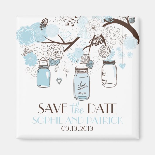 Blue Mason Jars & Flowers Save the Date Magnet Magneet (Voorkant)