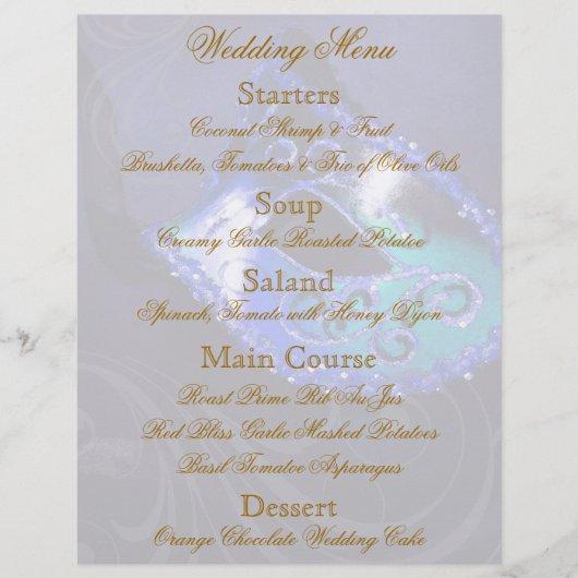 Blue Masquerade Ball Mariage Menu Flyer (Devant)