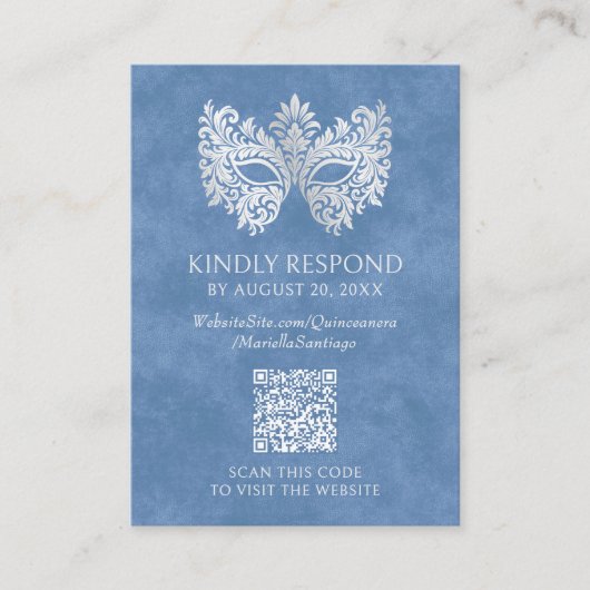 Blue Masquerade Mask Quinceanera QR RSVP Informatiekaartje (Voorkant)