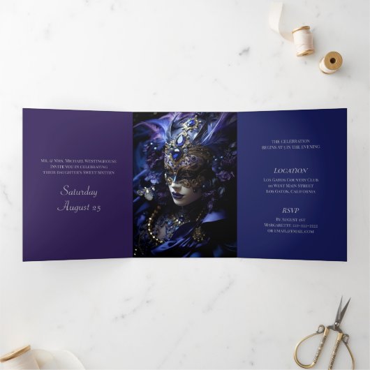 Blue Masquerade Sweet 16 Party Invitation (Intérieur)