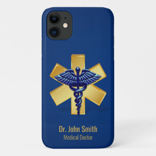 Blue Medical 3D Caduceus Gold Cross iPhone 11 Hoesje
