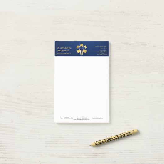 Blue Medical 3D Caduceus Gold Cross Post-it® Notes (Op bureau)