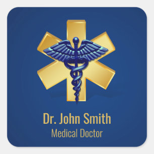 Blue Medical 3D Caduceus Gold Cross Vierkante Sticker